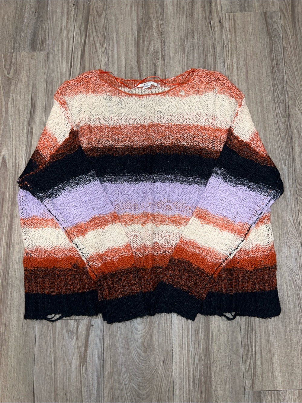 Kimchi Blue Striped Open-Knit Crewneck Sweater in Coral, Cream & Lavender